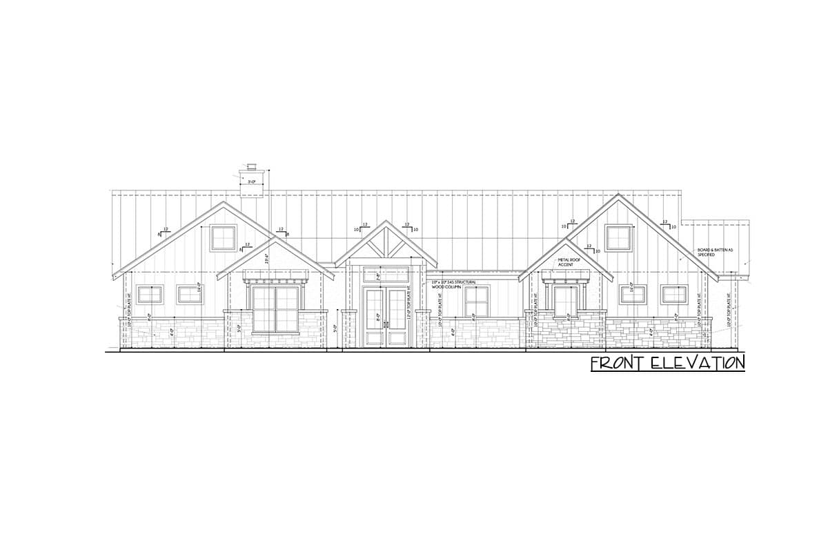 Front elevation drawing of a single-story house plan with stone base, multiple gables, board and batten siding, and prominent rooflines.