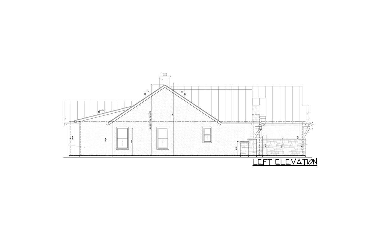 Left elevation drawing of a house plan with a gable roof, chimney, and covered porch with stone base.
