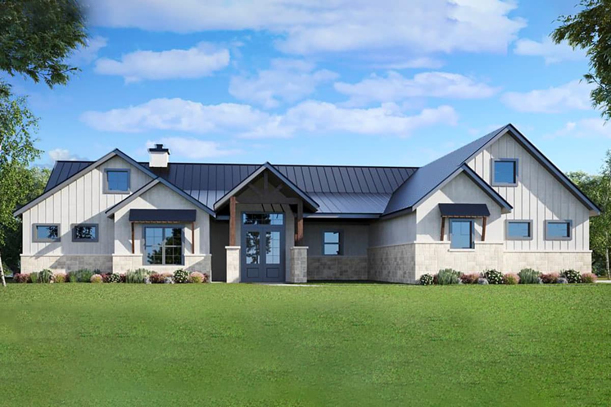 House plan exterior. Modern Farmhouse style with a dark metal roof. Features include gabled rooflines, dormers, and a covered porch.