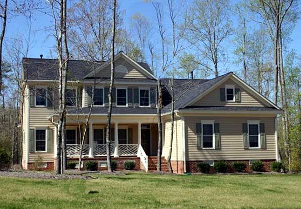 Two-story house plan exterior with a covered front porch, multiple gables, dormer window, and siding.