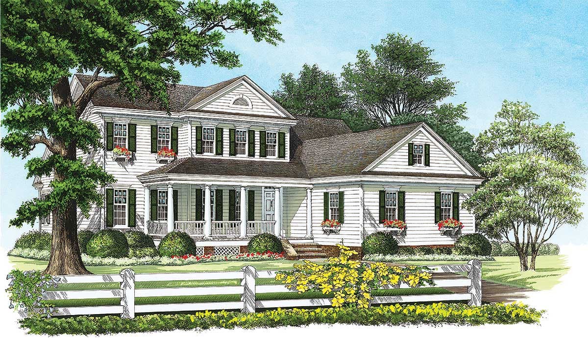 House plan exterior of a two-story Colonial style home with a prominent front porch, gables, and dormers.
