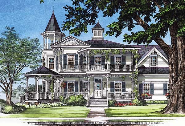 House plan exterior: Victorian style, two stories, with a turret, wraparound porches, gables, and a gazebo.