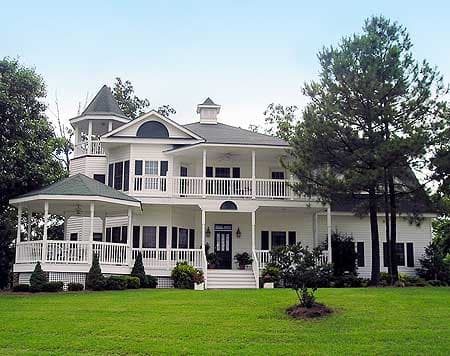 House plan exterior: two-story Southern Colonial with wrap-around porches, a gazebo, and a cupola.