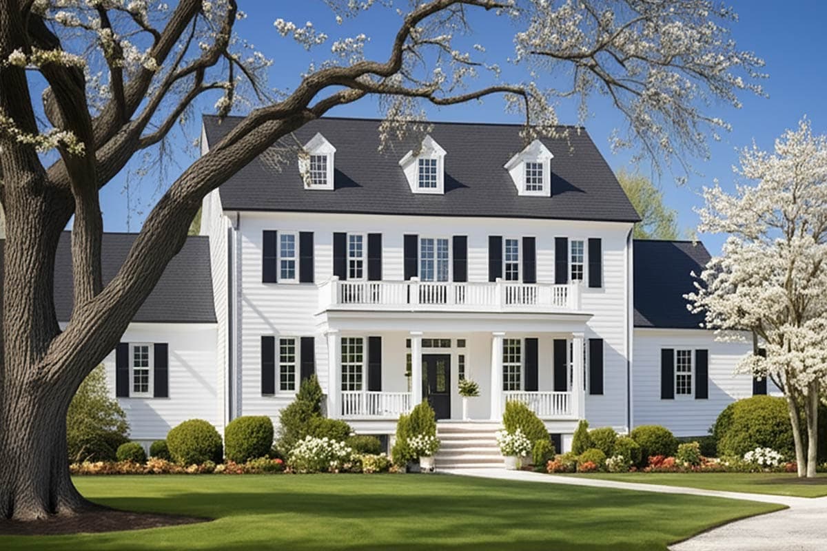House plan exterior: white two-story home with black shutters, white porch, and three dormer windows.