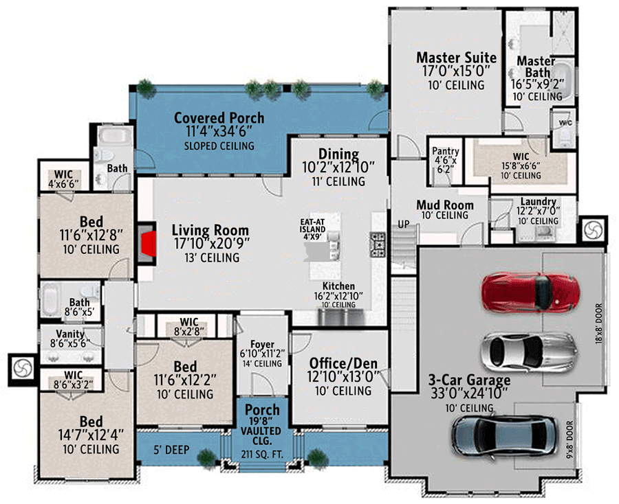 Plan 430072LY:  Hill Country Farmhouse with Den and Bonus Room - Floor Plan - Main Level - Country, Farmhouse, Hill Country, Modern Farmhouse, New American