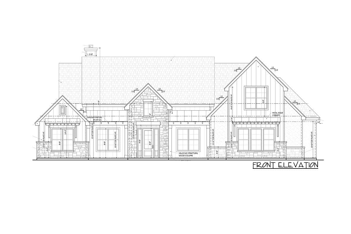 Front elevation drawing of a two-story house plan with gables, stone accents, multiple dormers, and a covered entryway.
