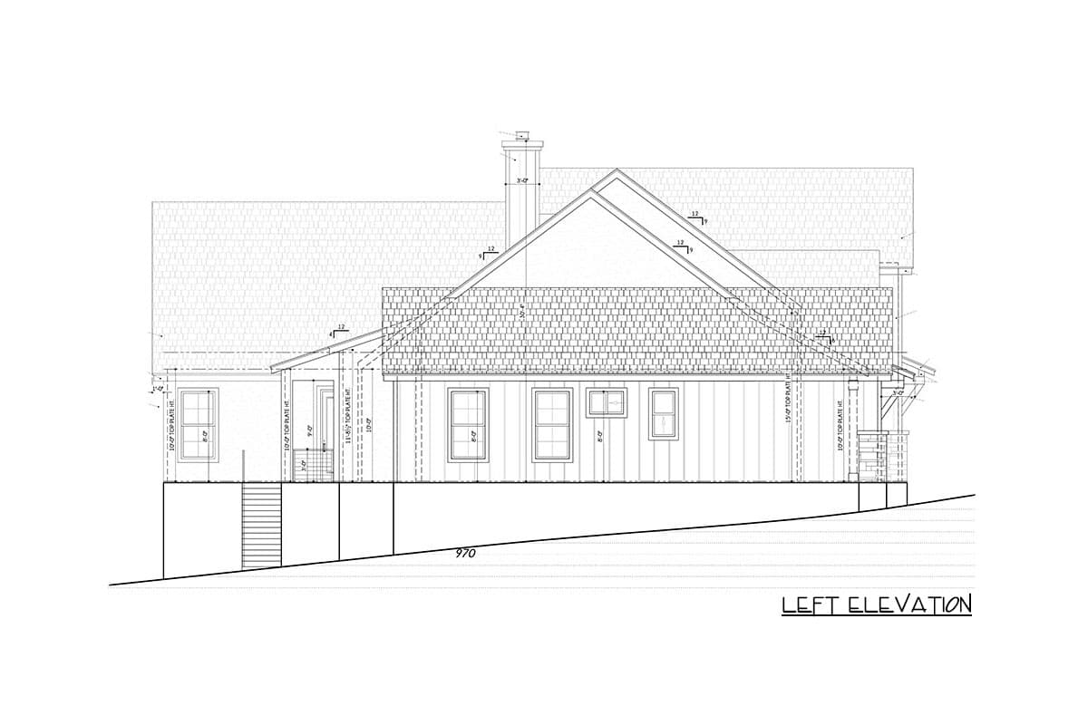 Left elevation house plan with gabled roof, chimney, multiple windows, and covered entry.