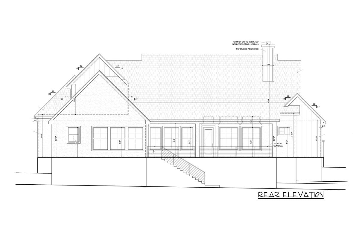 Rear elevation house plan with gables, multiple windows, and a chimney. Stucco finish.