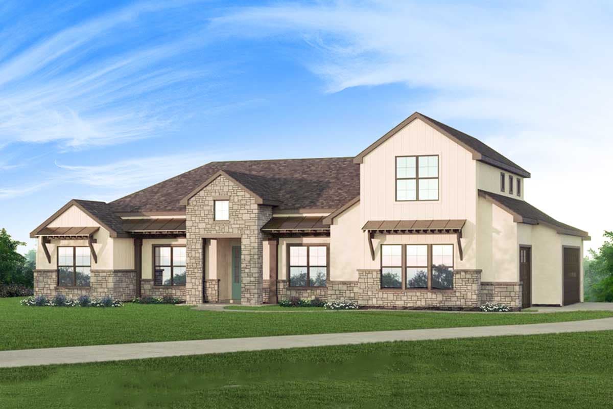 House plan exterior. One-story Modern Farmhouse style with stone veneer, shed roof over windows, and a multi-gable roofline.