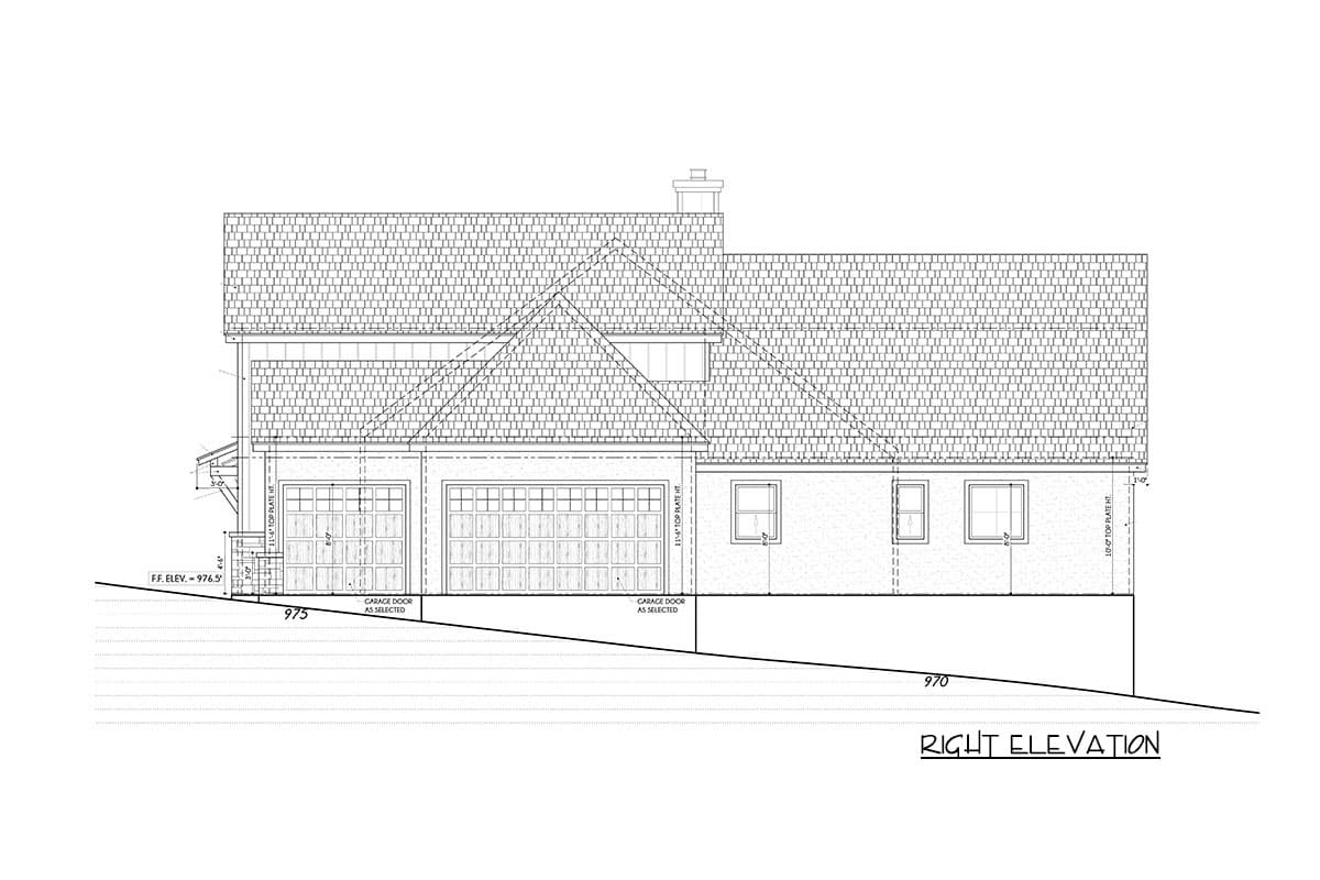 House plan right elevation drawing featuring a three-car garage, gabled dormer, and pitched rooflines.