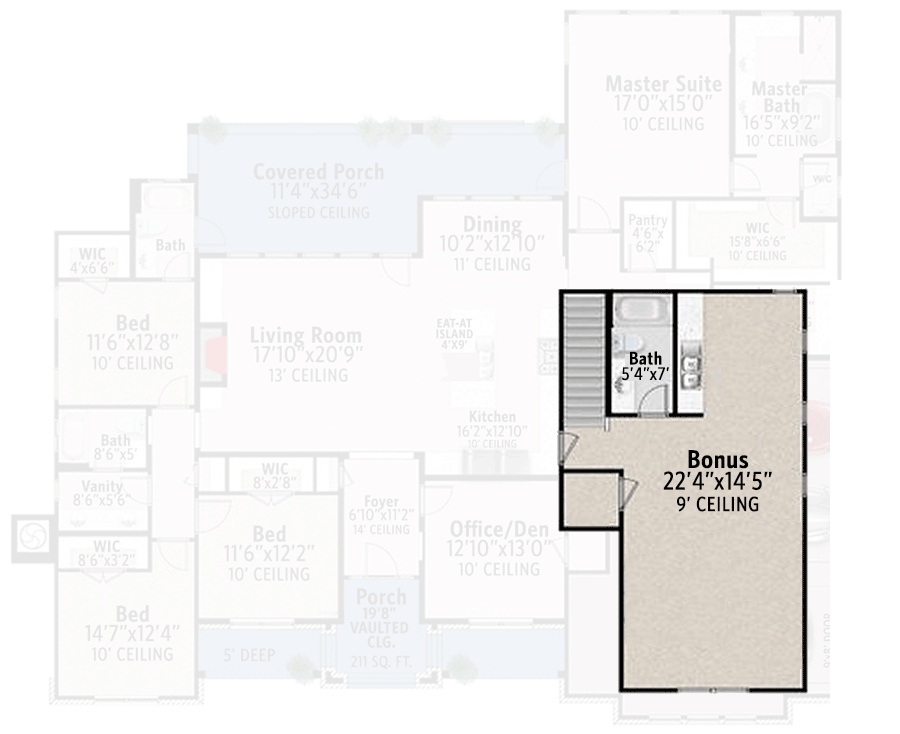 Plan 430072LY:  Hill Country Farmhouse with Den and Bonus Room - Floor Plan - Bonus - Country, Farmhouse, Hill Country, Modern Farmhouse, New American