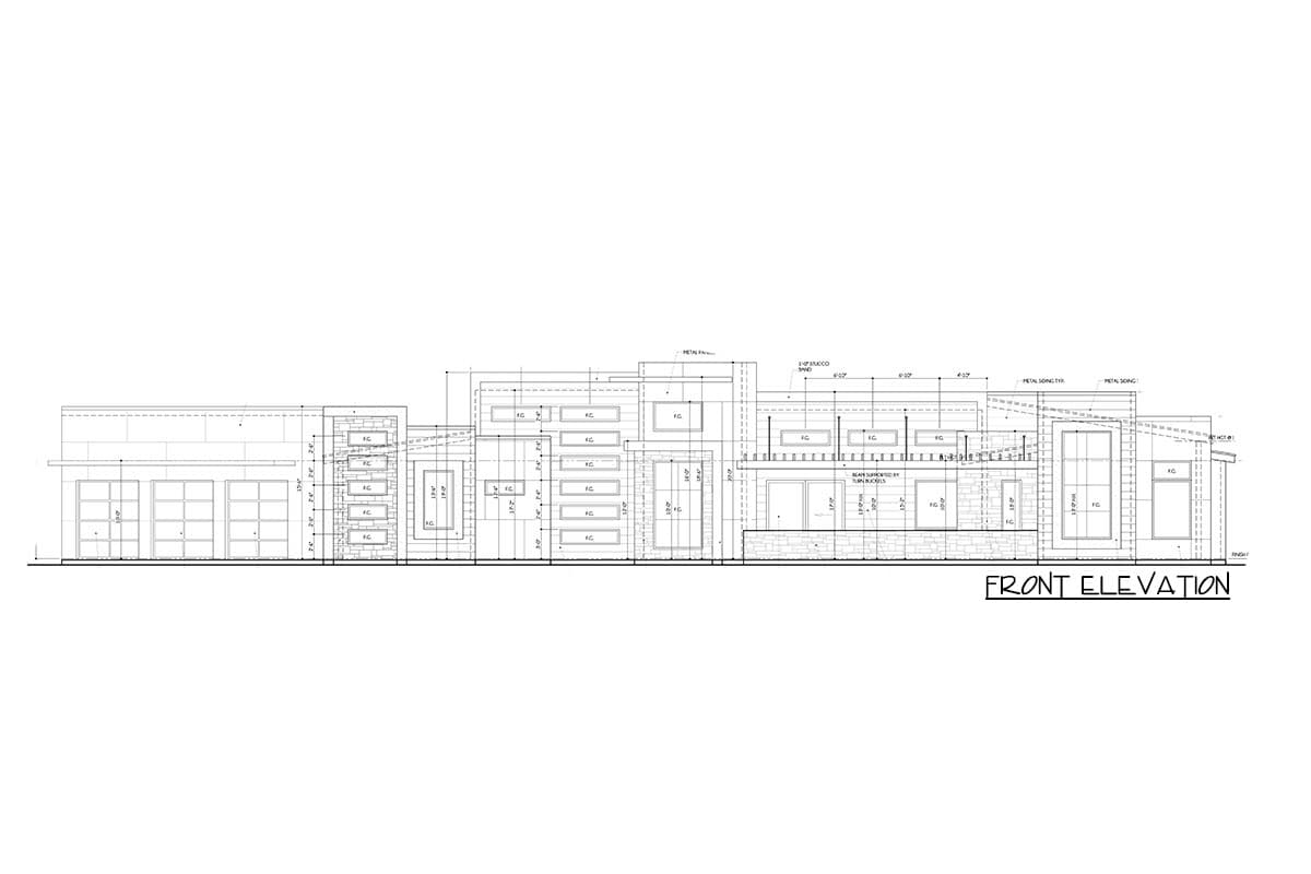 Front elevation house plan showing a multi-story modern design with a four-car garage, stone accents, and numerous windows.