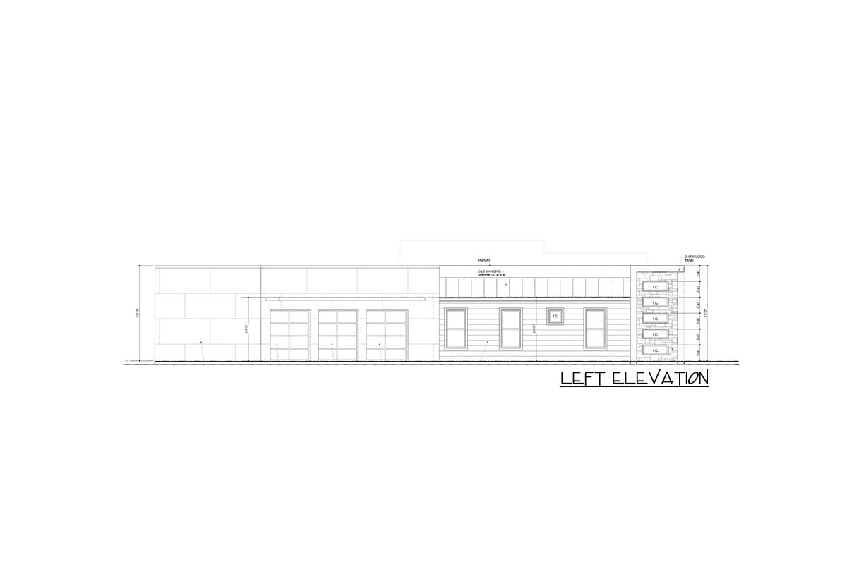 Left elevation drawing shows three glass garage doors, multiple windows, and a segmented stone facade.