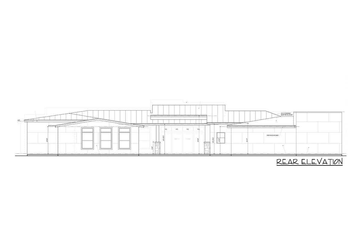 Rear elevation drawing of a single-story house plan with multiple gables and a central covered entryway.