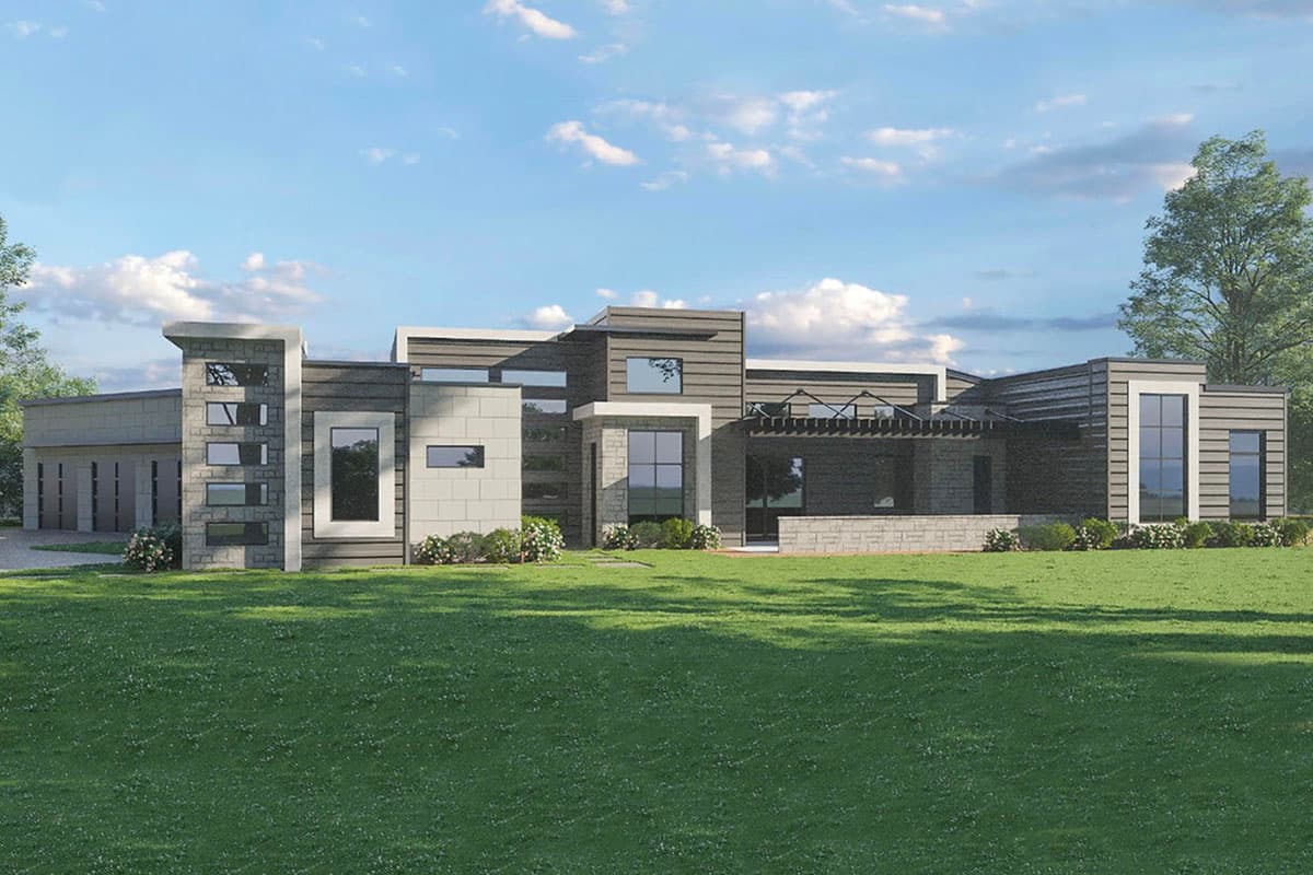House plan exterior. Modern style with flat rooflines. Features include stacked stone and wood siding, large windows, and an attached garage.