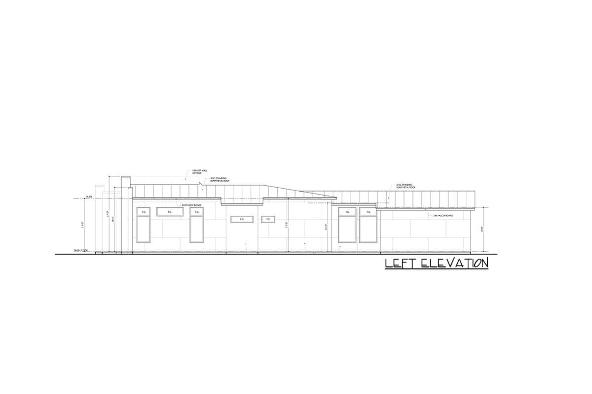 Left elevation drawing of a house plan showing a single story with a standing seam metal roof and multiple windows.
