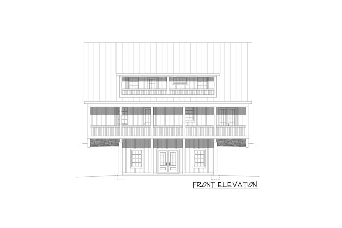 Front elevation drawing of a two-story house with a metal roof, full-width porches on both levels, and double front doors.