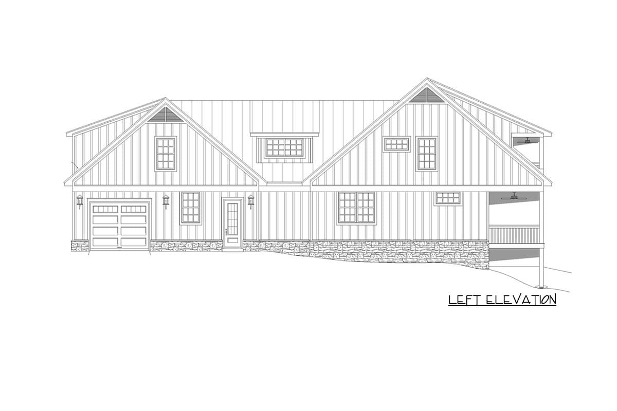 Left elevation house plan showing a multi-story home with board and batten siding, a stone foundation, gables, and a covered porch.