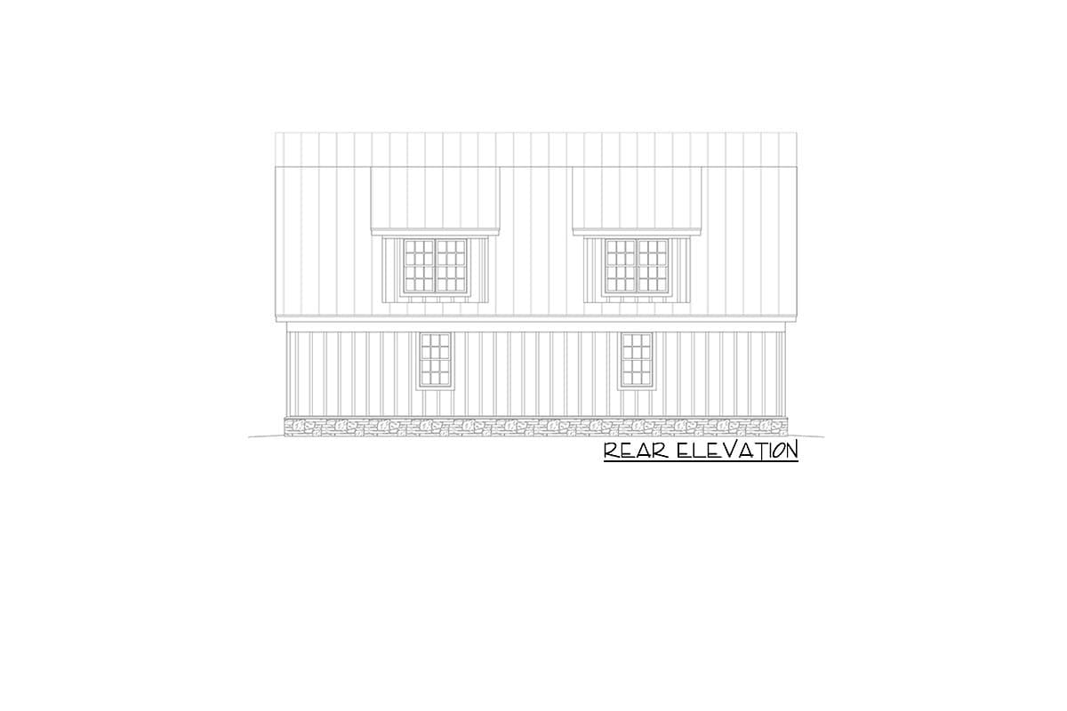 Rear elevation drawing of a house plan showing vertical siding, stone foundation, and multiple windows on two levels.