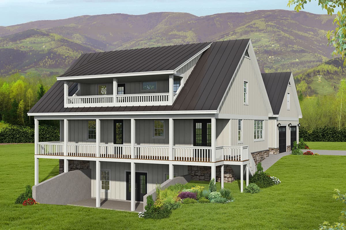 House plan exterior with two stories, gabled roof, two-level porch, and garage. The design includes a stone foundation and dark metal roof.