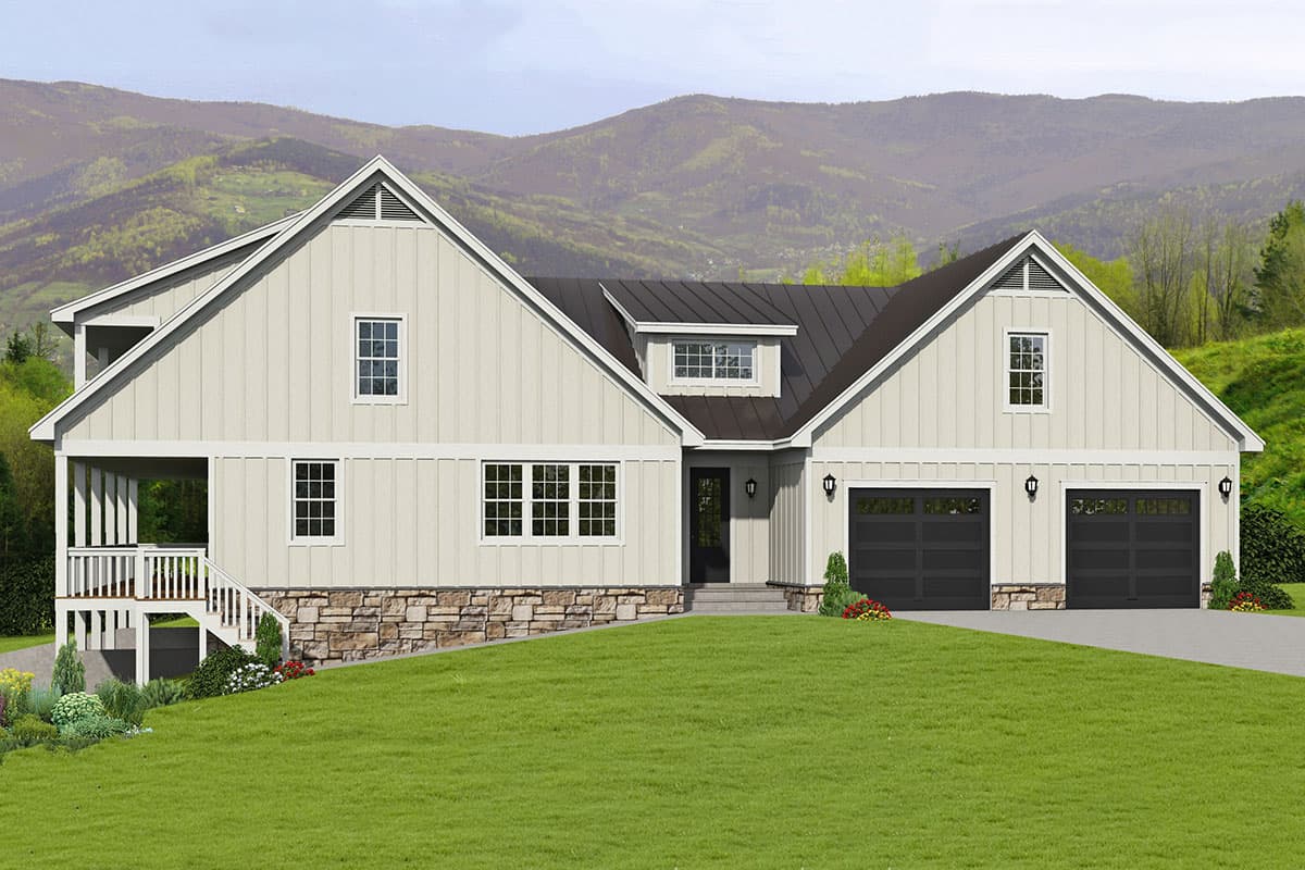 House plan exterior: Two-story modern farmhouse with board and batten siding, stone foundation, gabled dormer, and a three-car garage.