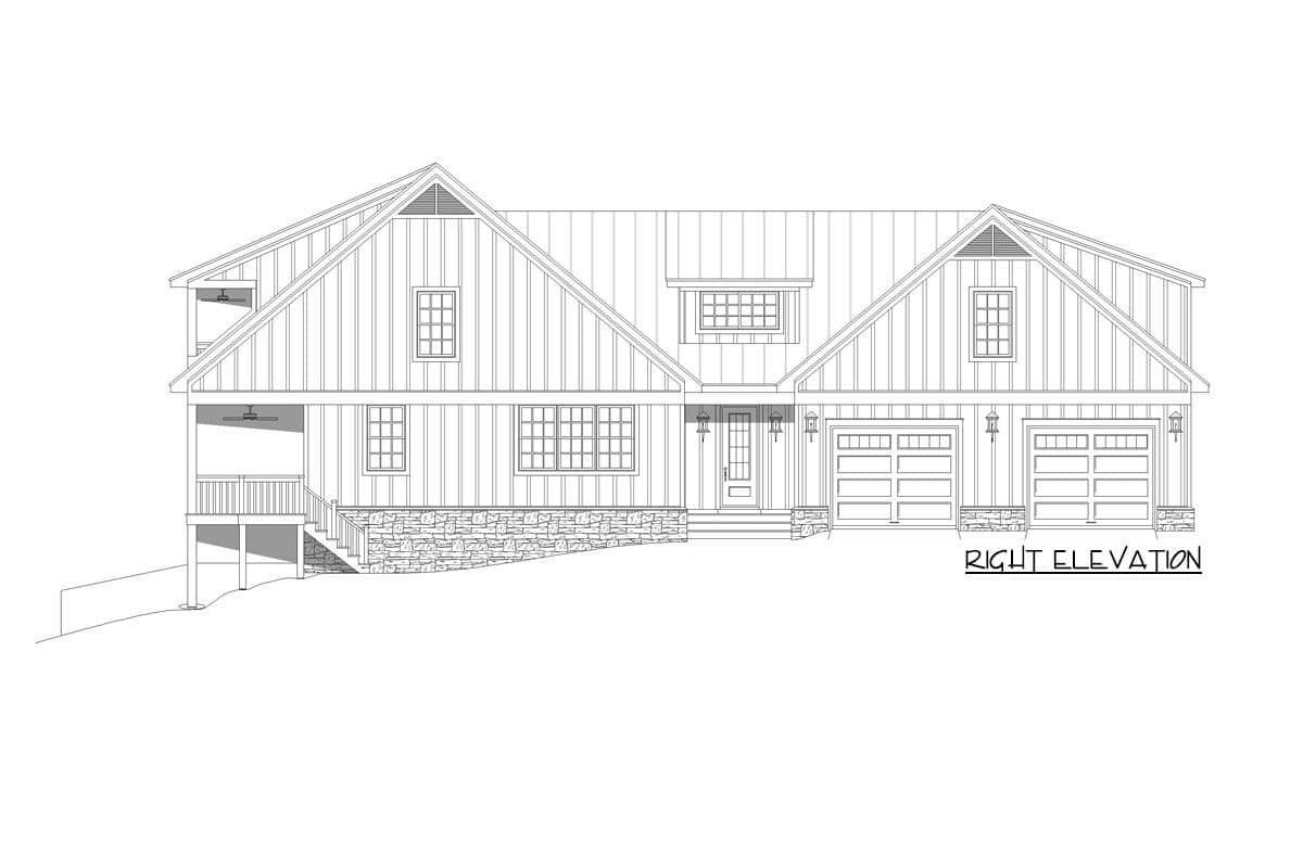 Right elevation house plan with stone foundation, porch, multiple gables, and a three-car garage.