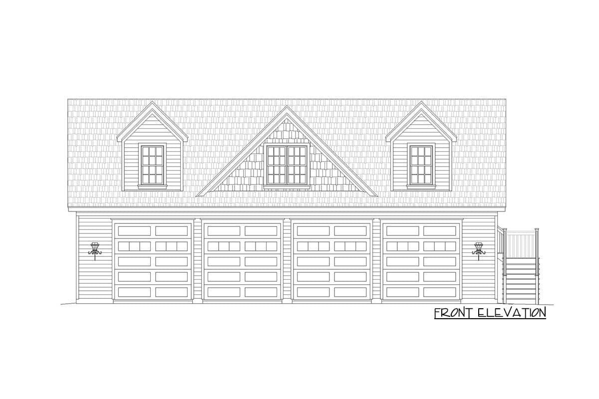 Front elevation drawing of a house plan featuring four garage doors and three dormer windows with shingle siding detail.