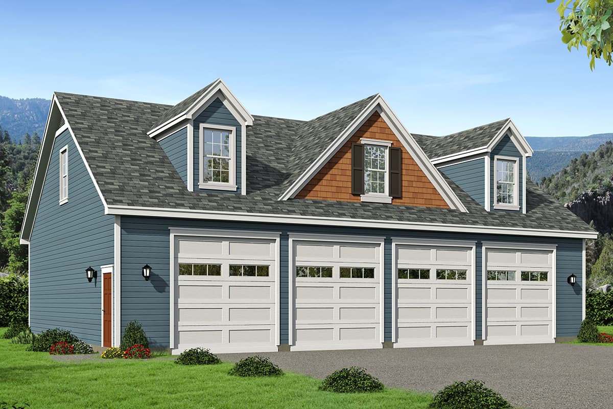 House plan exterior. Two-story with three-car garage. Features include dormers, gables, and a shingle roof.