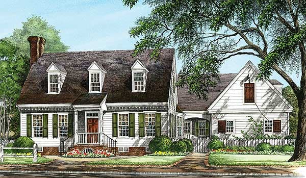 House plan exterior: Colonial style, two stories, dormer windows, prominent chimney, and side-gabled garage.