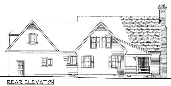 Rear elevation drawing of a house plan featuring dormers, multiple windows with shutters, a covered porch, and a brick chimney.