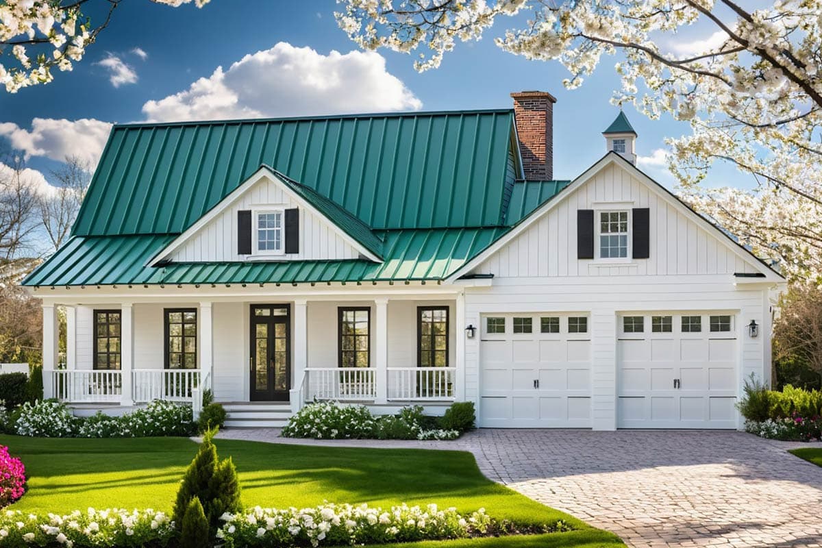 Modern Farmhouse house plan exterior with green metal roof, wraparound porch, dormer windows, and attached two-car garage.