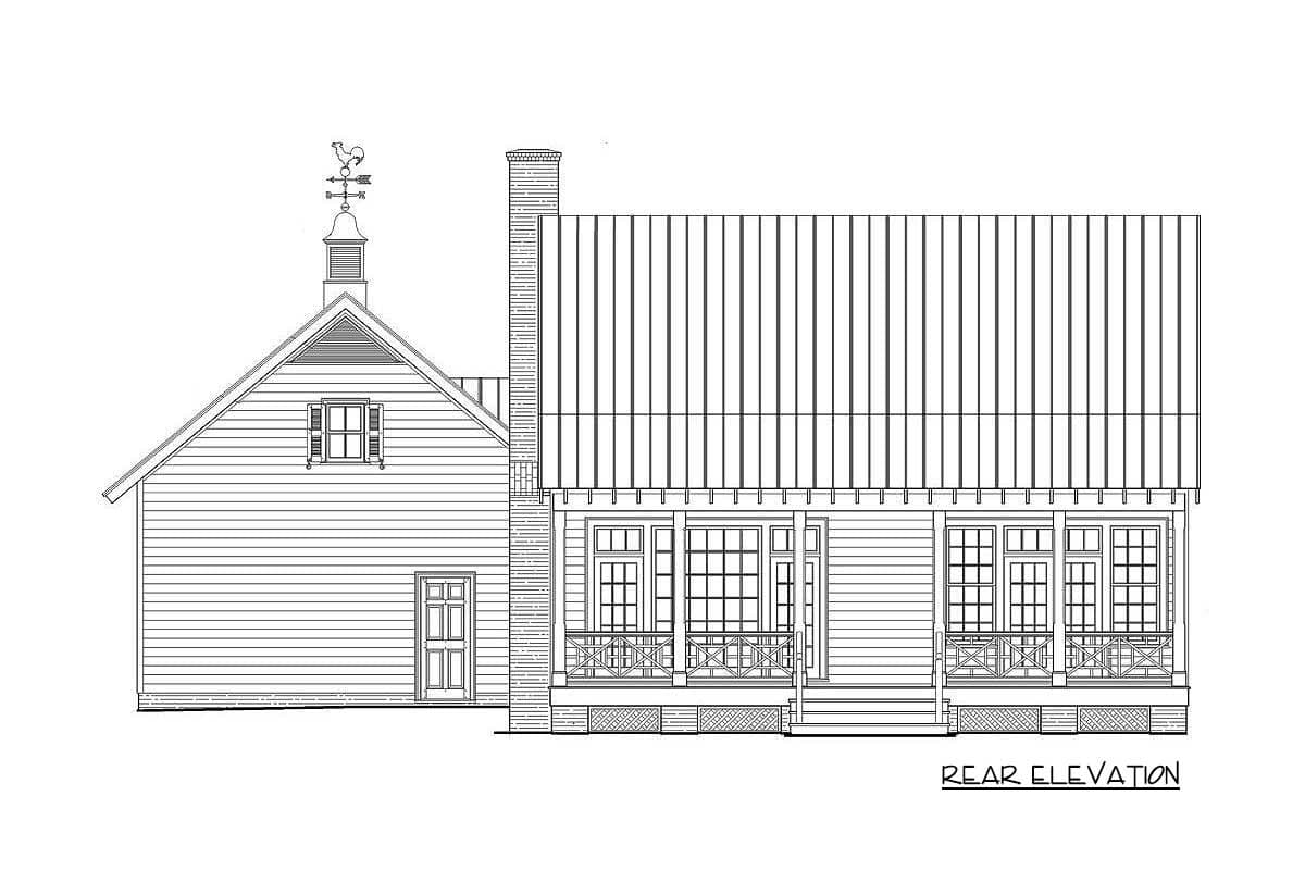 Rear elevation house plan showing a wood-sided structure with a gabled roof, dormer, cupola with weathervane, chimney, and a wraparound porch.