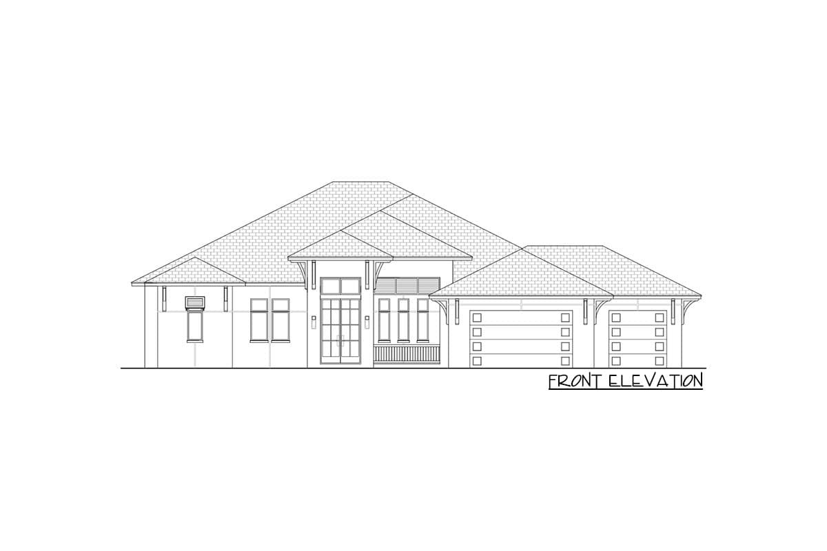 Front elevation drawing of a single-story house with a hipped roof, covered entry, and a five-car garage.