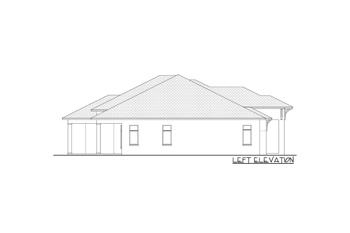 Left elevation of a house plan showing a covered porch with columns and multiple windows.