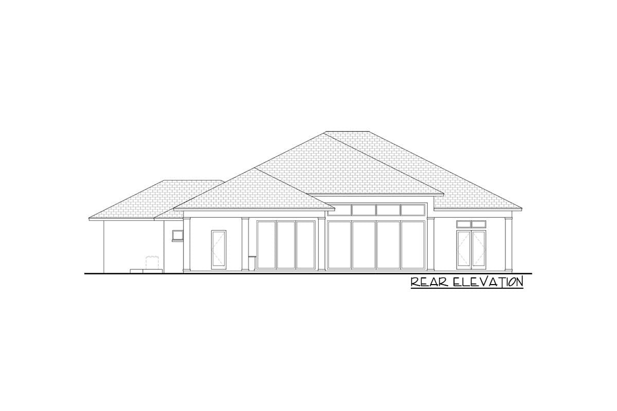 Rear elevation drawing of a single-story house plan with a hip roof, multiple large windows, and two doors.