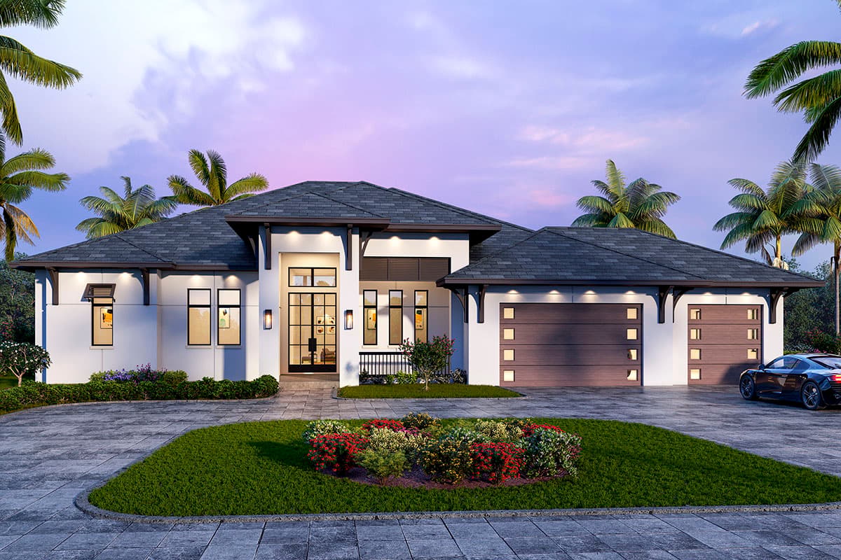 House plan exterior. Modern style, single story home with dark roof, large glass entry, and attached garage. Palm trees in background.