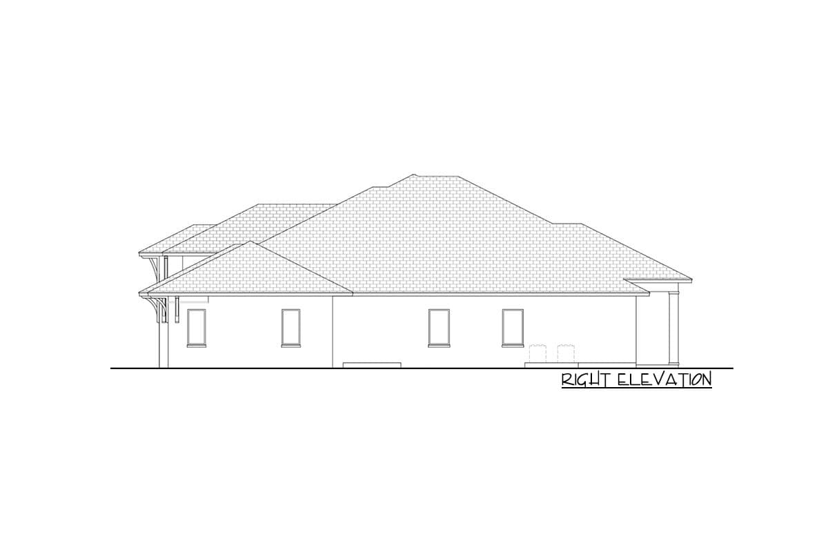 Architectural house plan, right elevation. Features multiple gables, prominent rooflines, and columns.