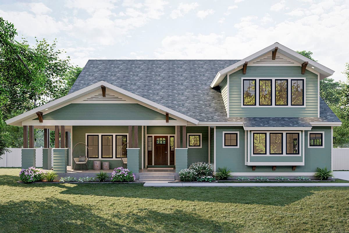 Craftsman house plan exterior. Two-story home with a front porch, gables, dormers, and a prominent roofline.