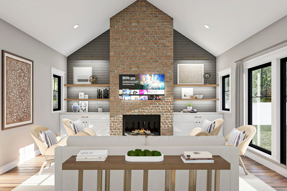Living room rendering with vaulted ceiling, brick fireplace, built-in shelving, and large windows.