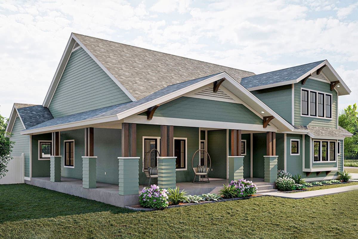 House plan exterior: Craftsman style, two stories, wrap-around porch, gabled dormers, and exposed rafter tails.