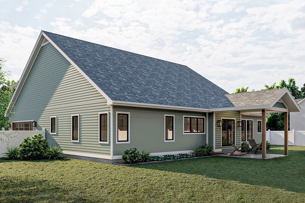 House plan exterior. One-story home with horizontal siding, prominent gables, and a covered rear patio.