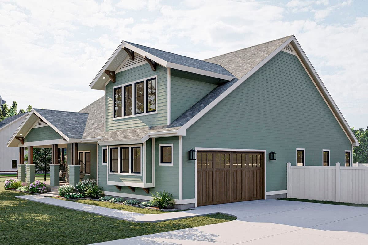 House plan exterior with a covered porch, gables with decorative brackets, multiple windows, and a two-car garage.