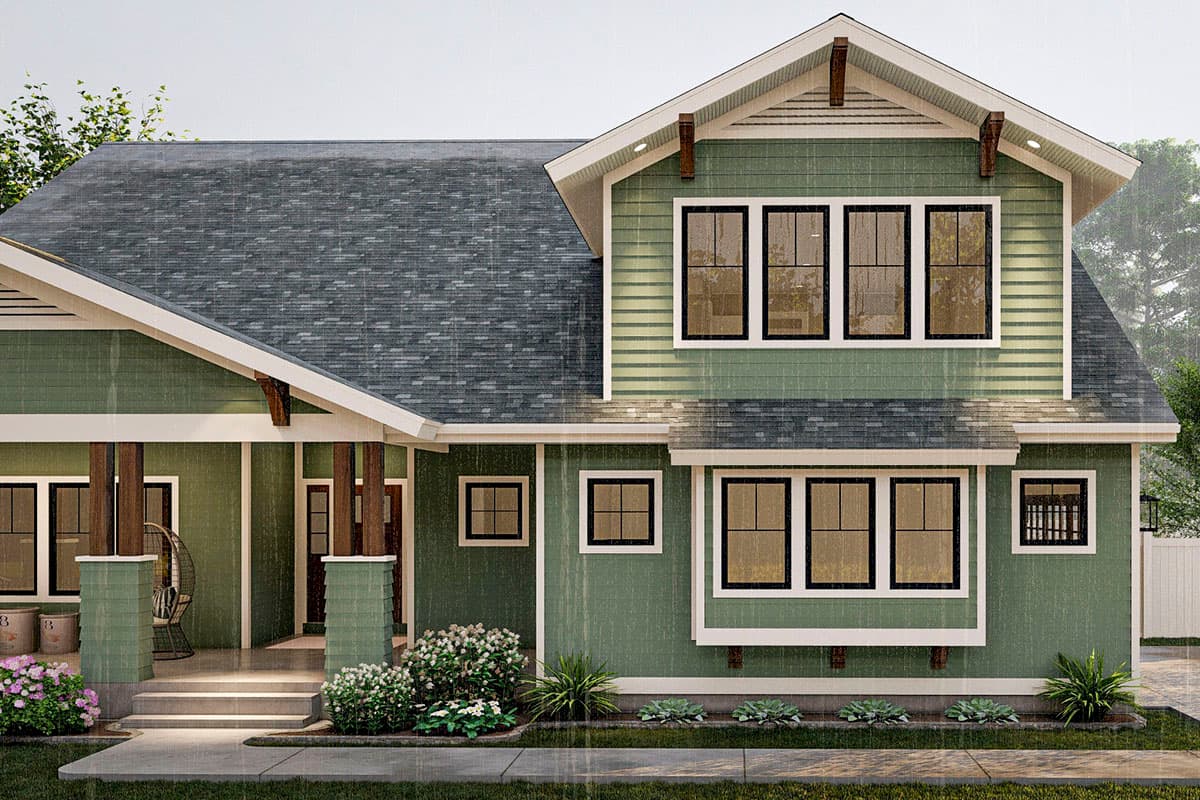 Craftsman style house plan exterior, two stories, with a prominent front porch, gables, and multi-pane windows.