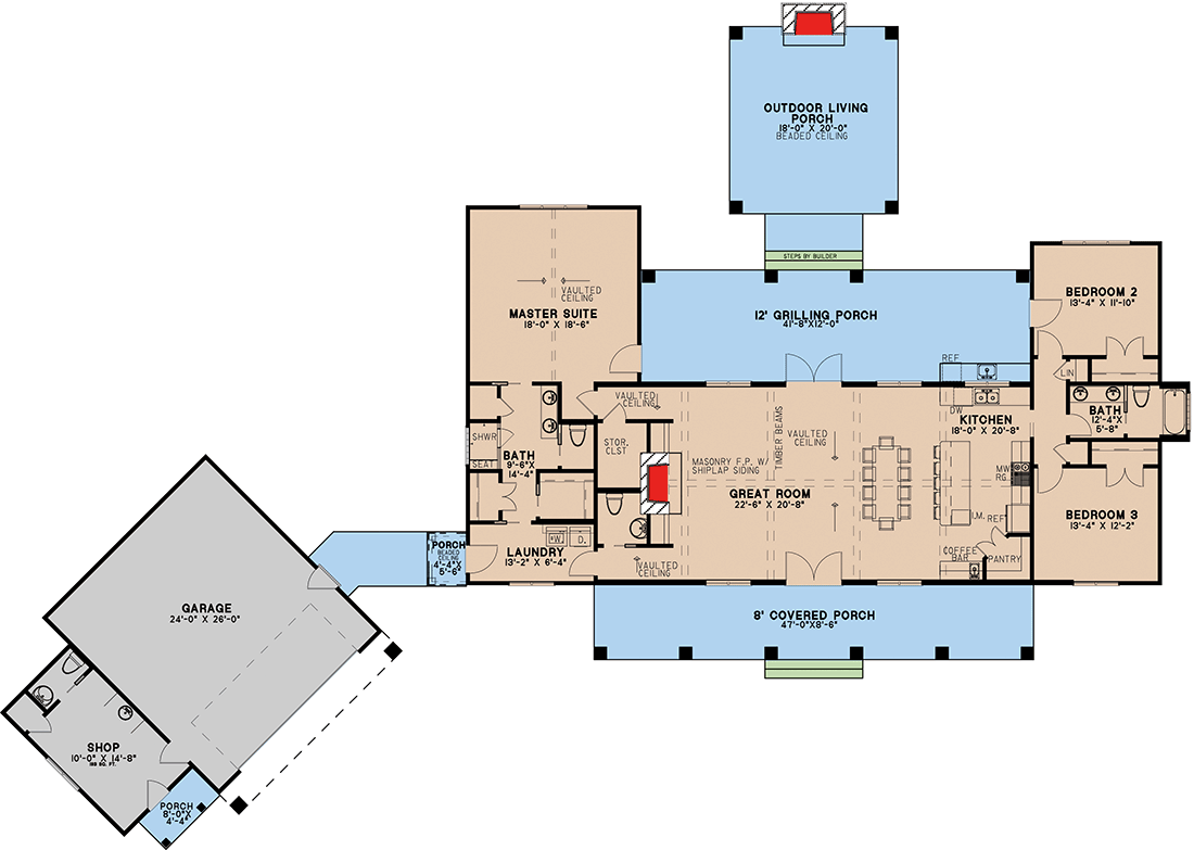 Plan 70811MK: One-Story New American House Plan with Detached 2-Car Garage with Workshop - 2191 Sq Ft - Floor Plan - Main Level - Country, Craftsman, Farmhouse, Modern Farmhouse, New American