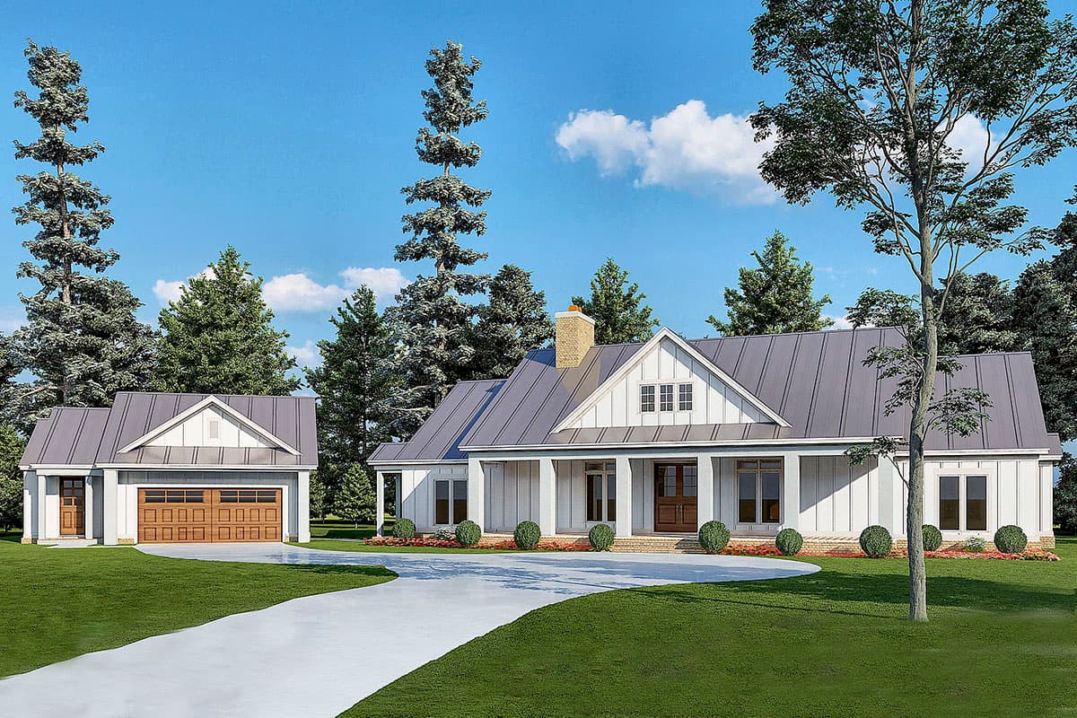 House plan exterior. Modern farmhouse style with a single story, front porch, gables, and attached garage with a metal roof.