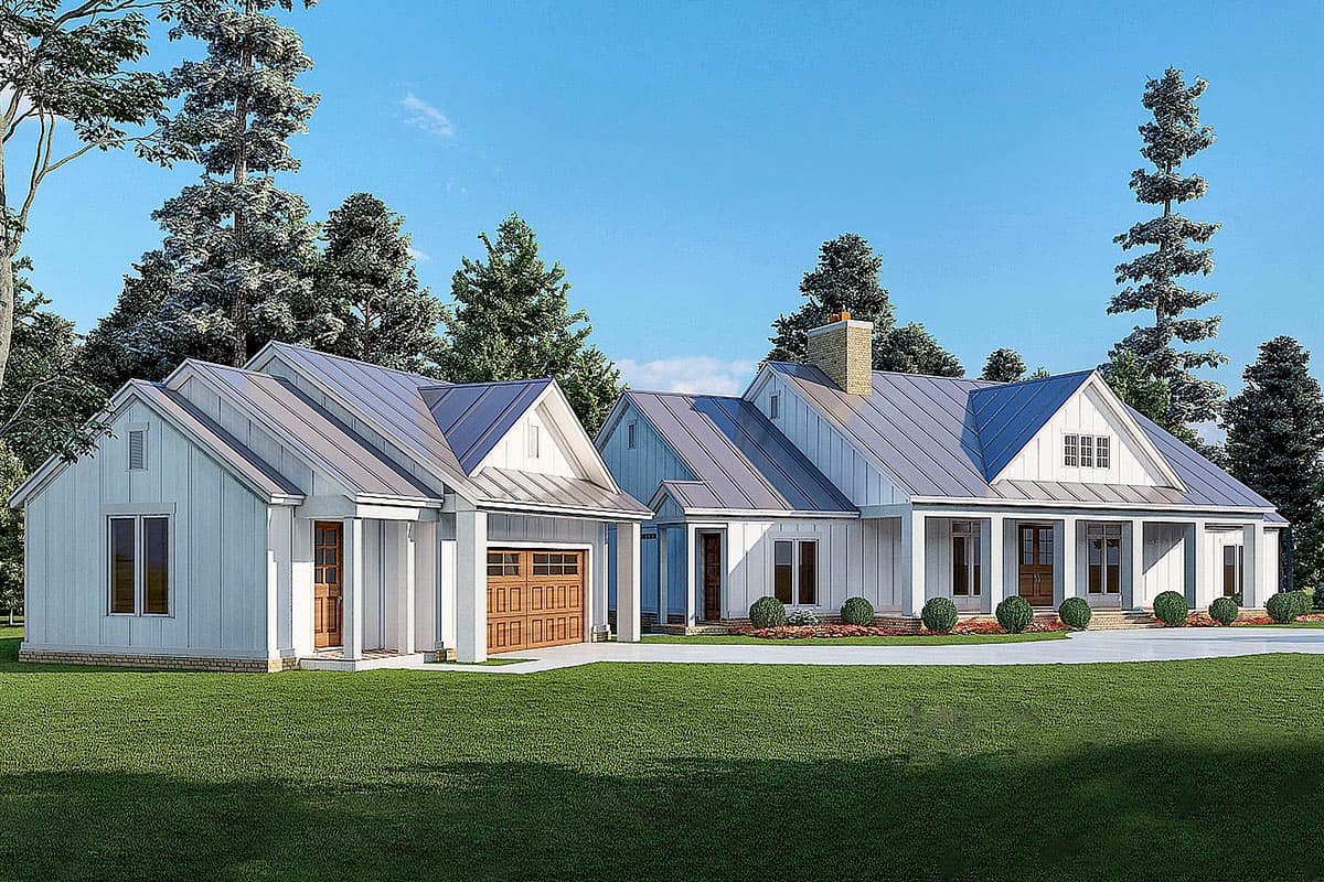 Modern Farmhouse house plan exterior with metal roof, gables, covered porch, and attached garage.