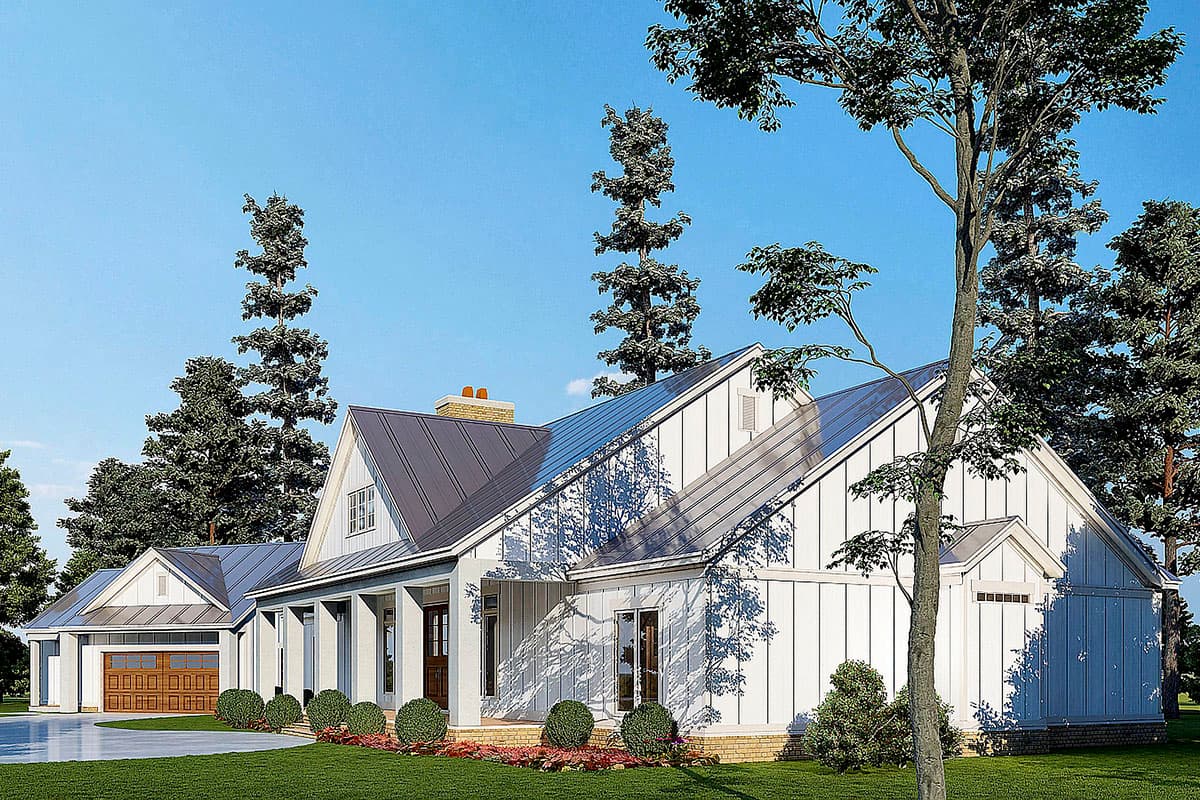 Modern Farmhouse house plan exterior with metal roof, prominent gables, board-and-batten siding, and attached garage.