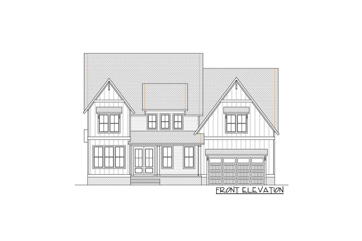 Front elevation house plan with gabled dormers, vertical siding, and a two-car garage.