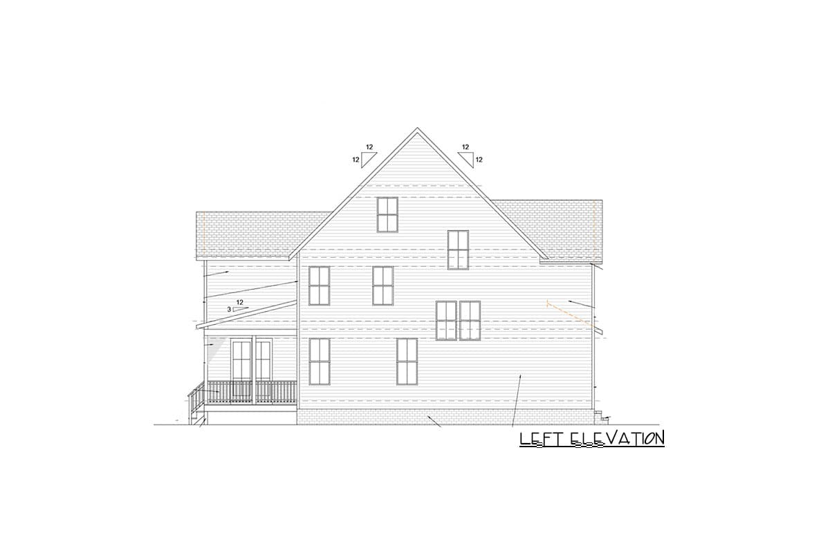 Left elevation of a house plan showing a two-story structure with gabled roof, dormers, and a covered porch.