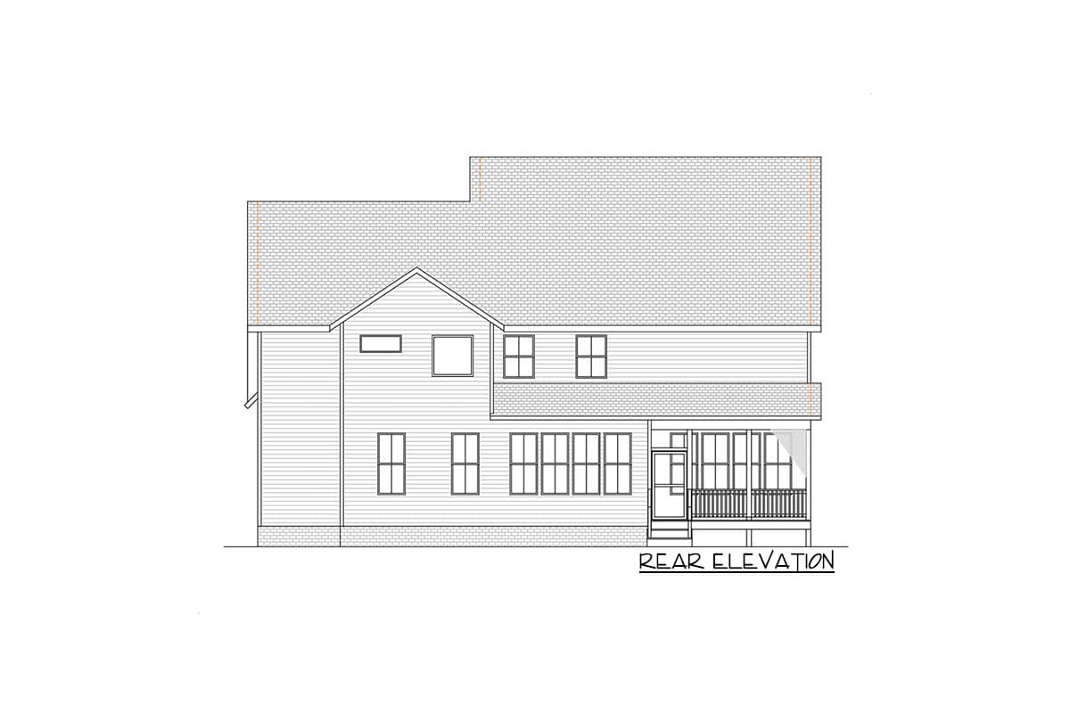 Rear elevation drawing of a two-story house plan with gabled roof, siding, and screened porch.